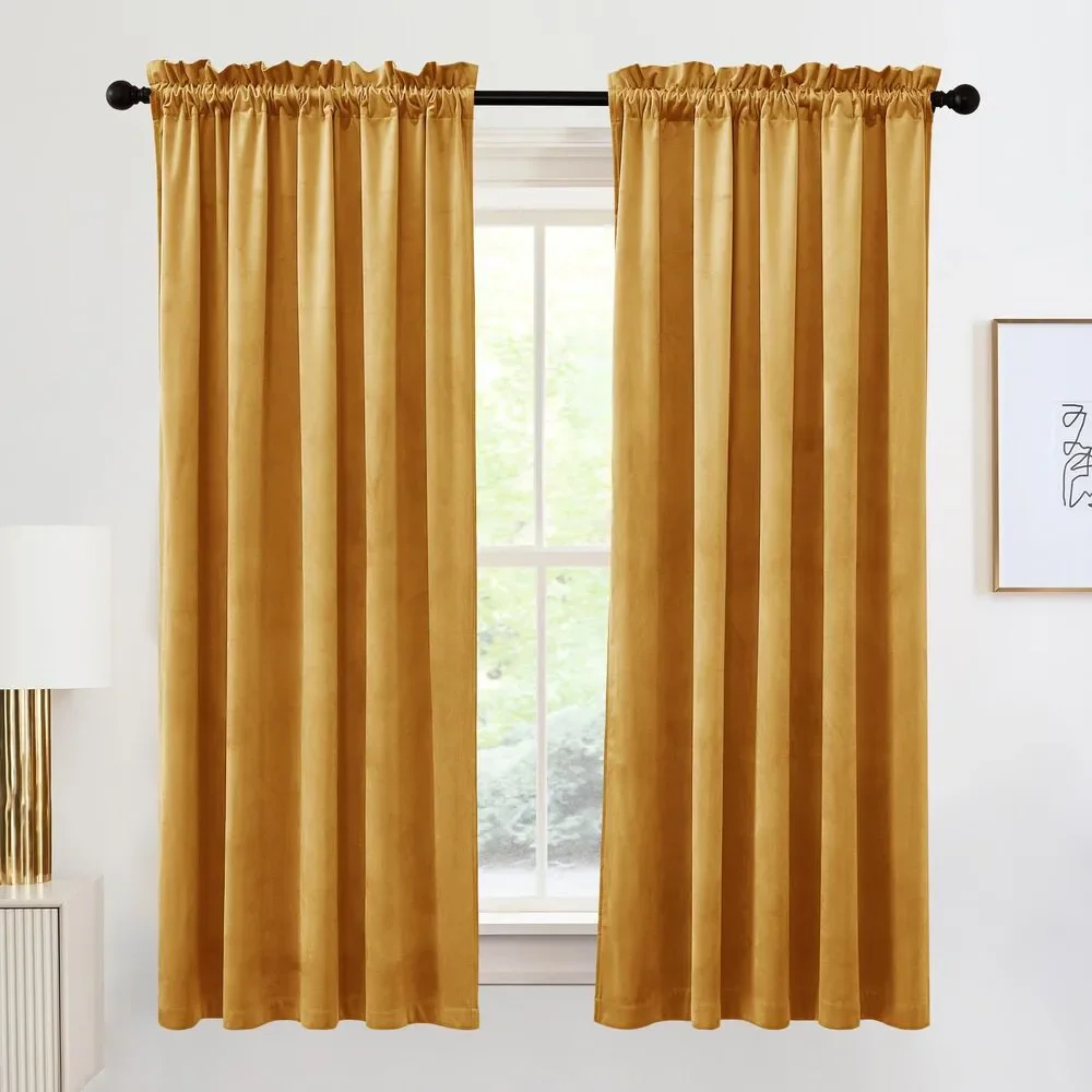 Set of 2 Curtain Panels, W 42 x L 63, Velvet Curtains (Marigold)
